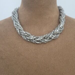 Express Silver Braided Mesh Chain Statement Choker Necklace Adjustable Eclectic